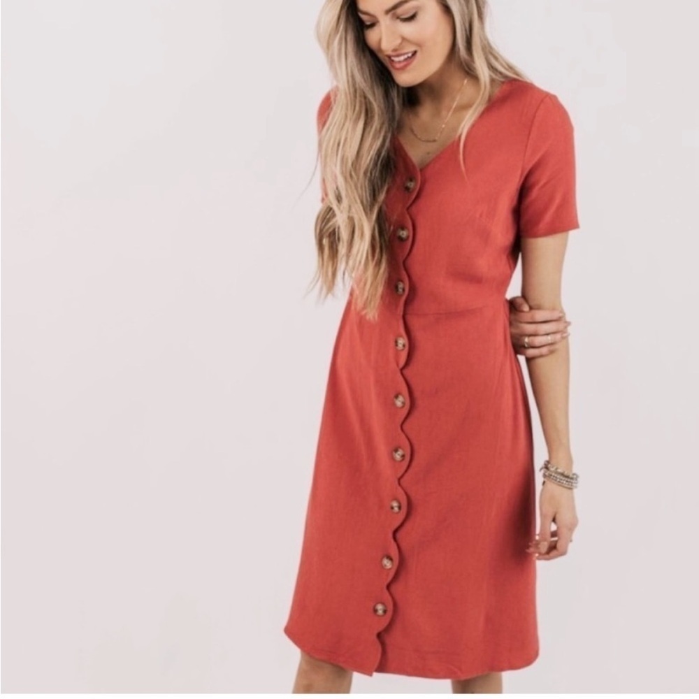 NWT Roolee Scalloped Linen Blend Button Down Red Pink Short Sleeve Dress…